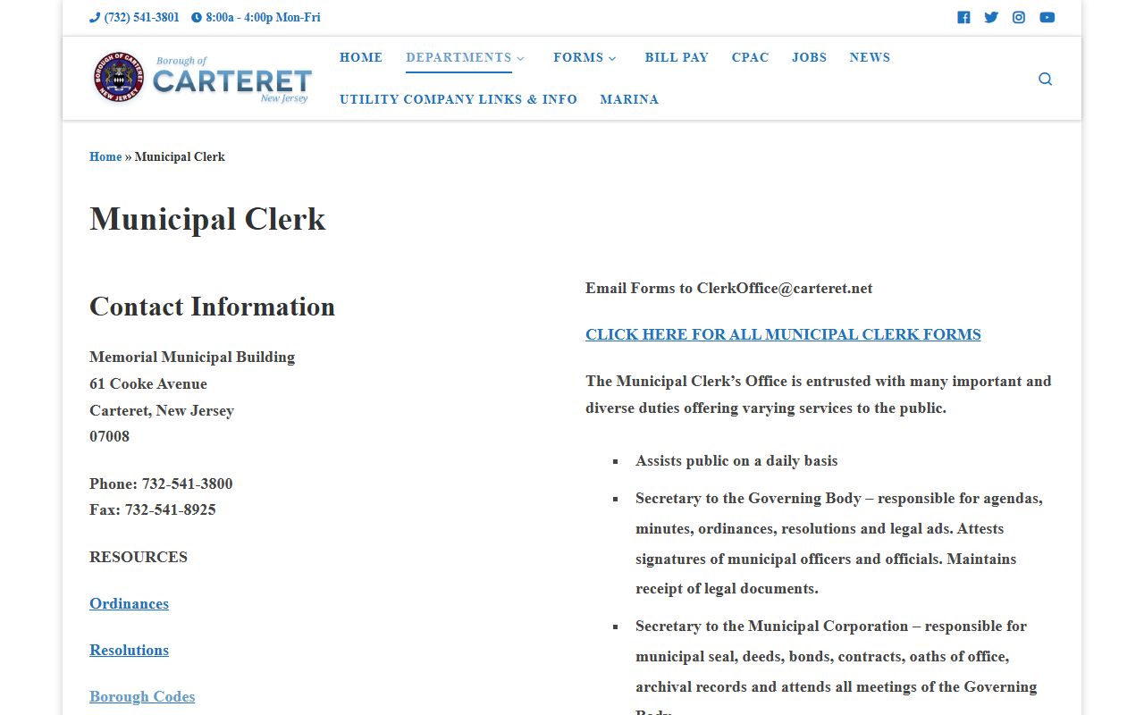 Carteret Municipal Clerk phone directory contact page