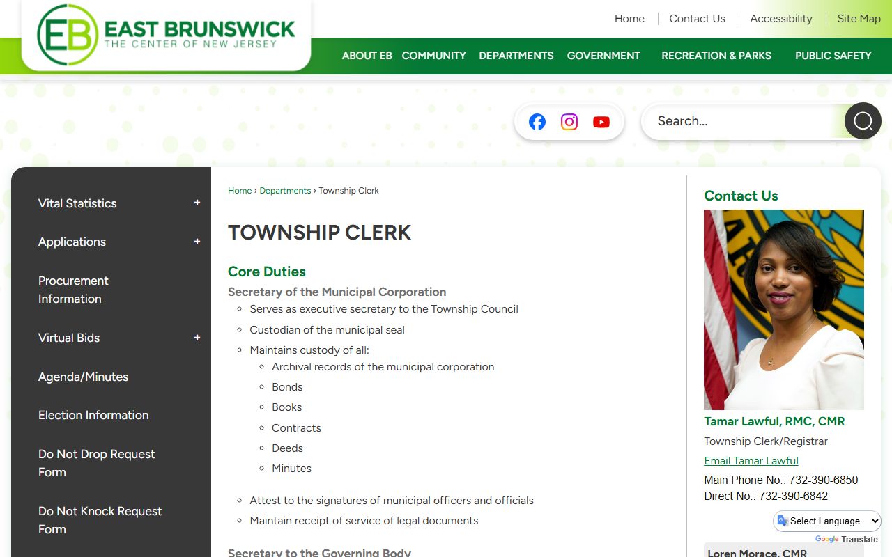 East Brunswick Township Clerk phone directory contact page