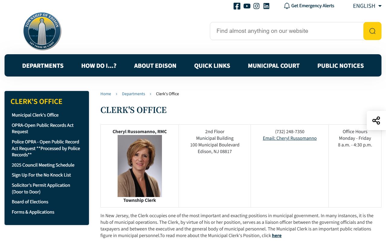 Edison Township Clerk office phone directory contact page