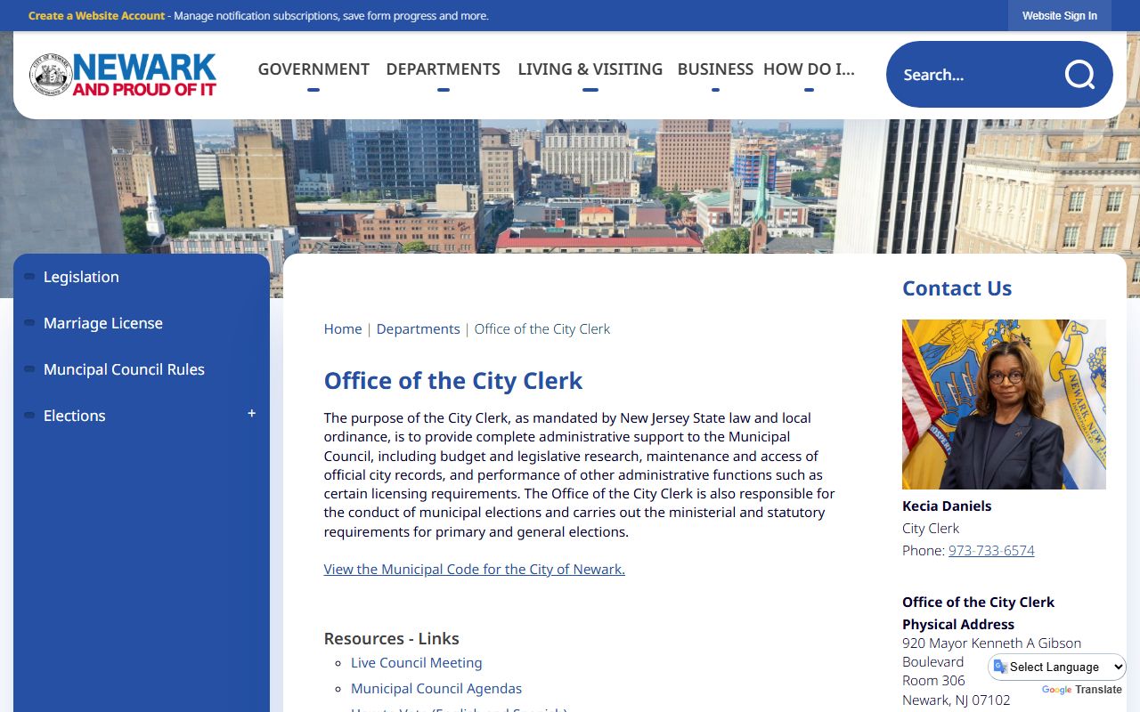 Newark City Clerk office phone directory contact page