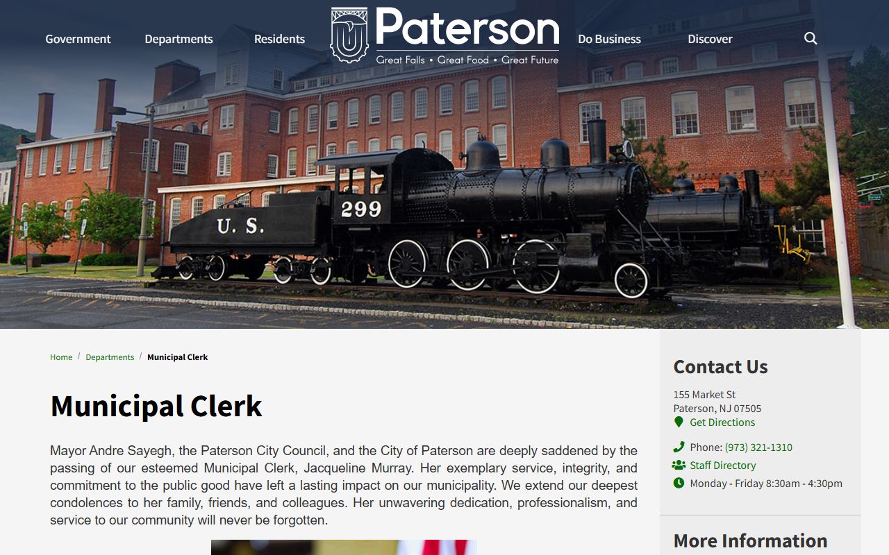 Paterson City Clerk phone directory contact page