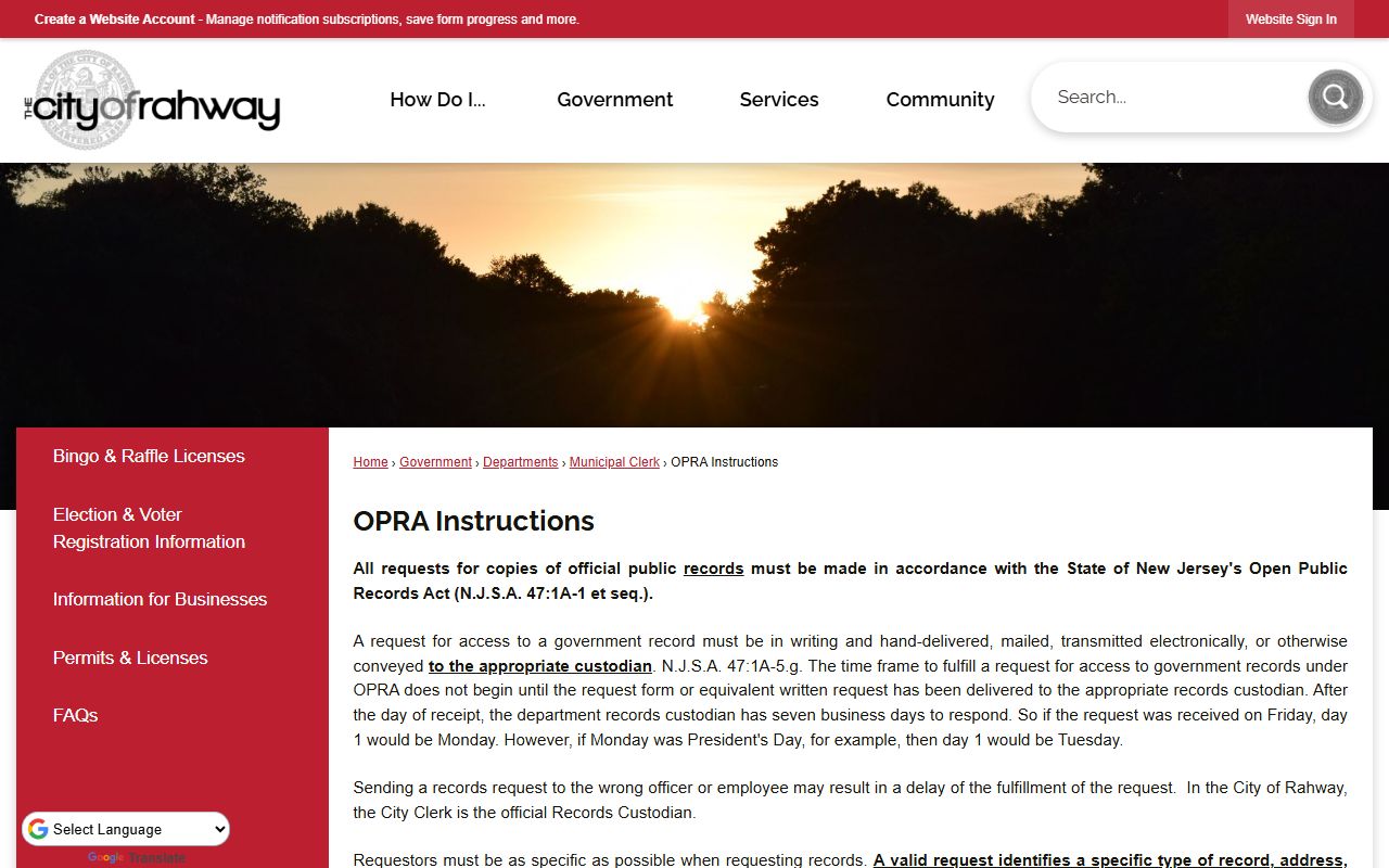 City of Rahway OPRA instructions for phone directory requests