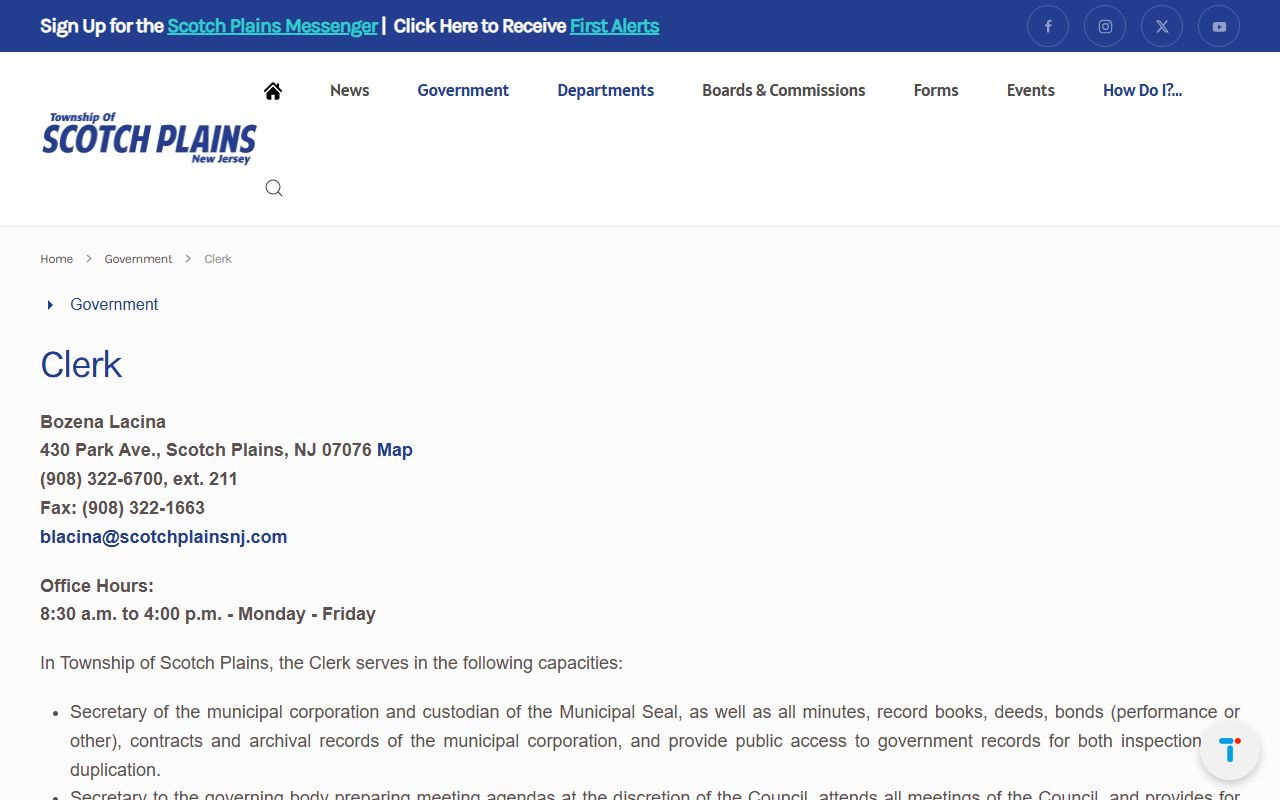 Scotch Plains Township Clerk office phone directory