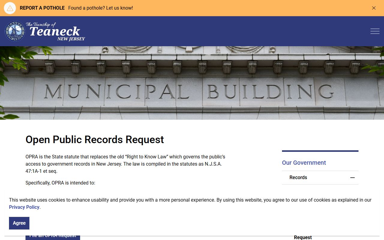 Teaneck Township OPRA request portal for phone directory records