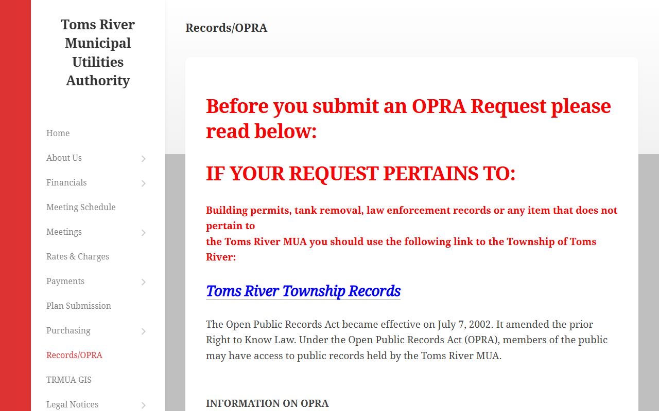 Toms River Township MUA records and OPRA portal for phone directory searches