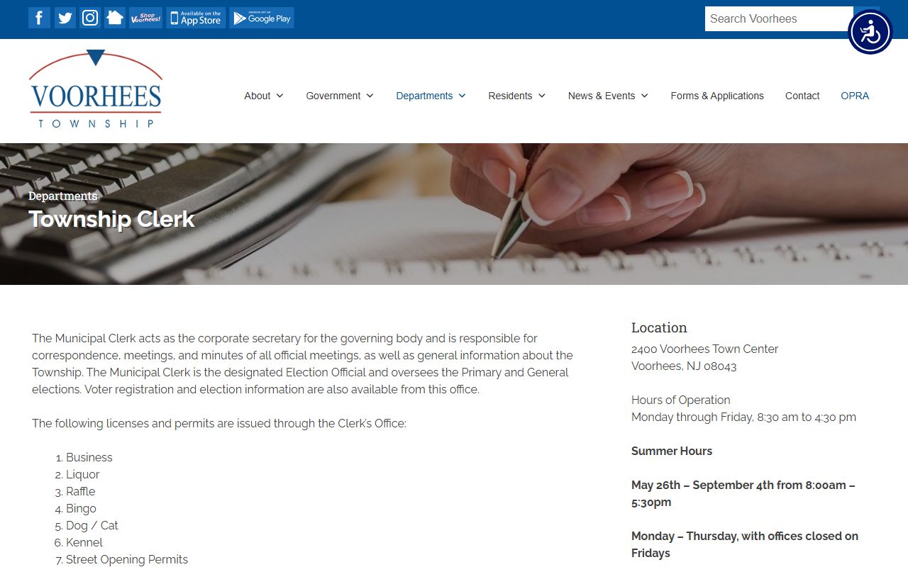 Voorhees Township Clerk office for phone directory and records access