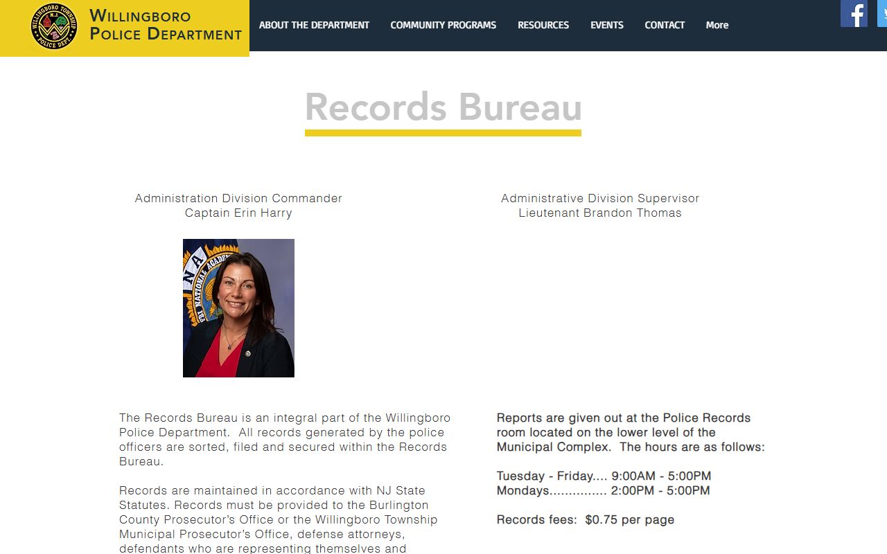 Willingboro Township Police Department records bureau phone directory