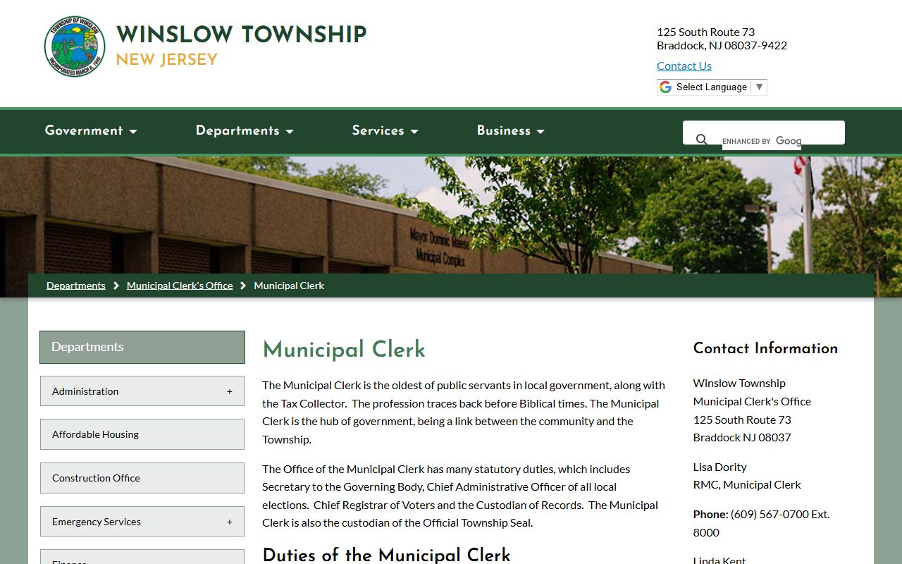 Winslow Township Municipal Clerk office phone directory page