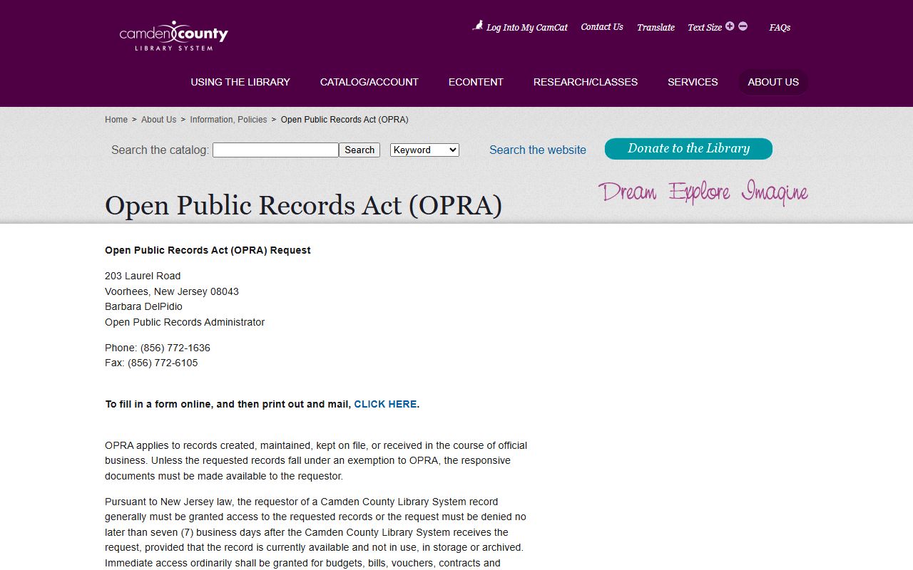 Camden County phone directory library OPRA page