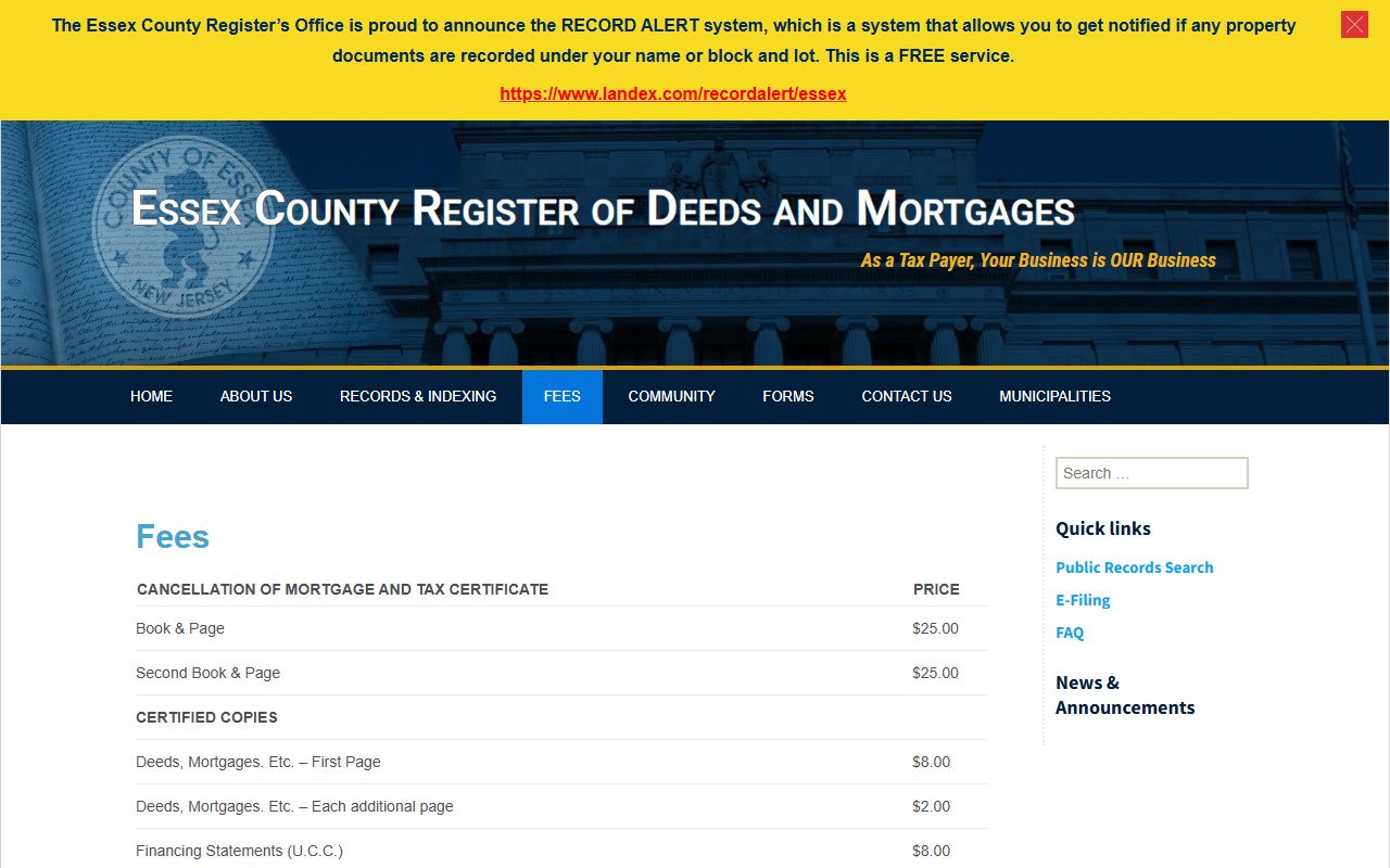 Essex County phone directory fee schedule page