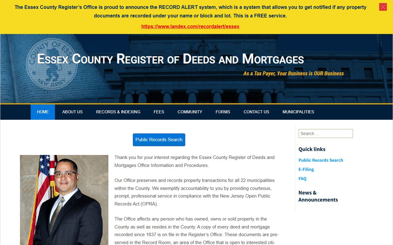 Essex County phone directory register of deeds website