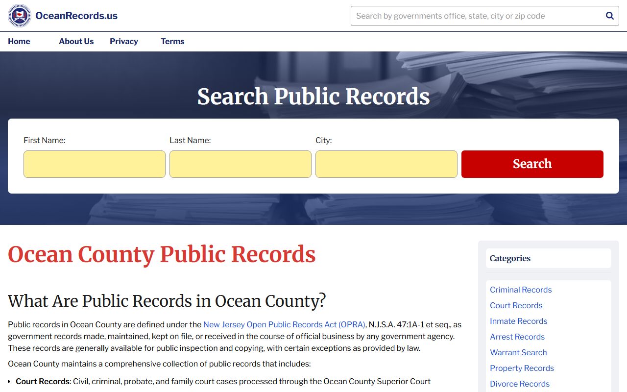 Ocean County phone directory public records information