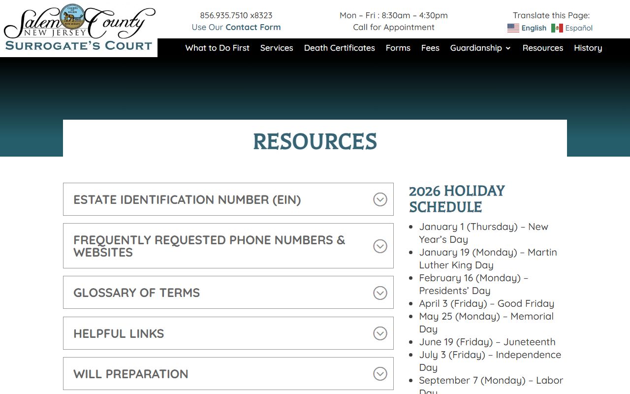 Salem County phone directory surrogate court resources