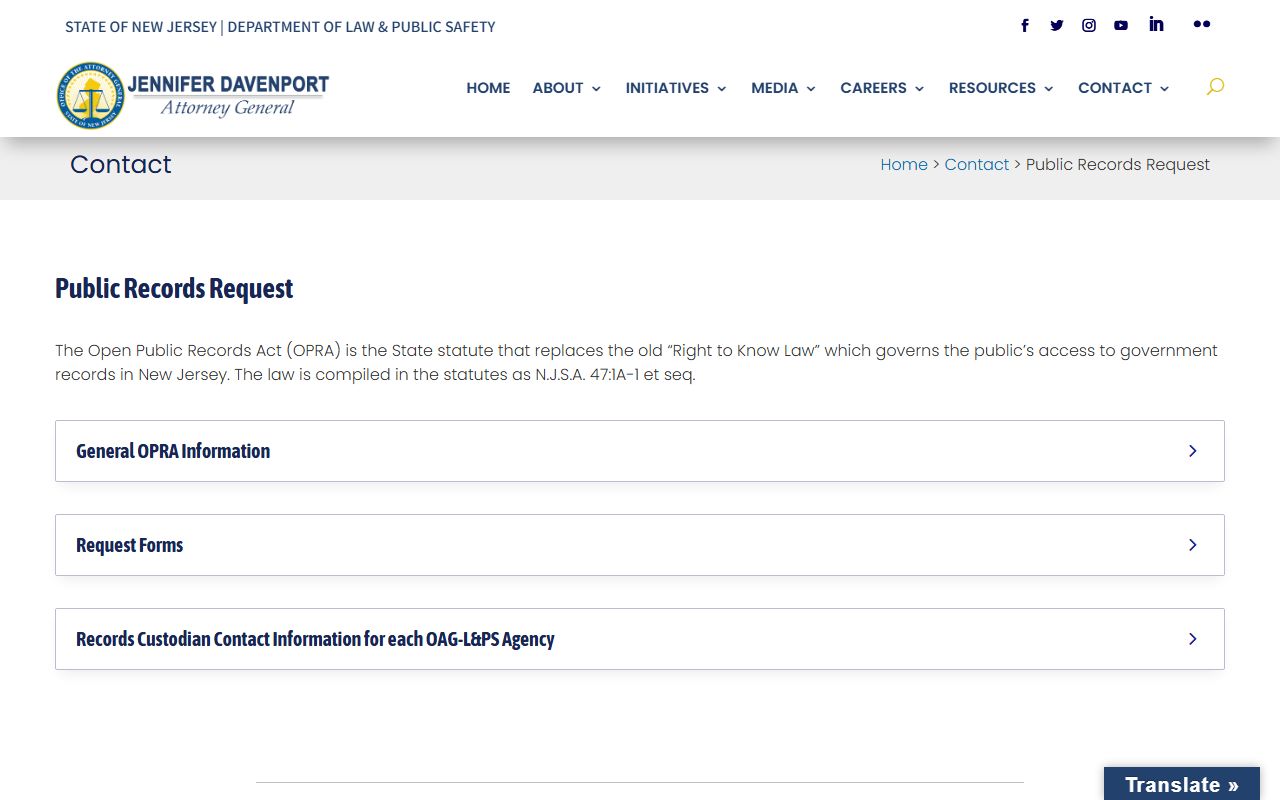 New Jersey Attorney General phone directory records request