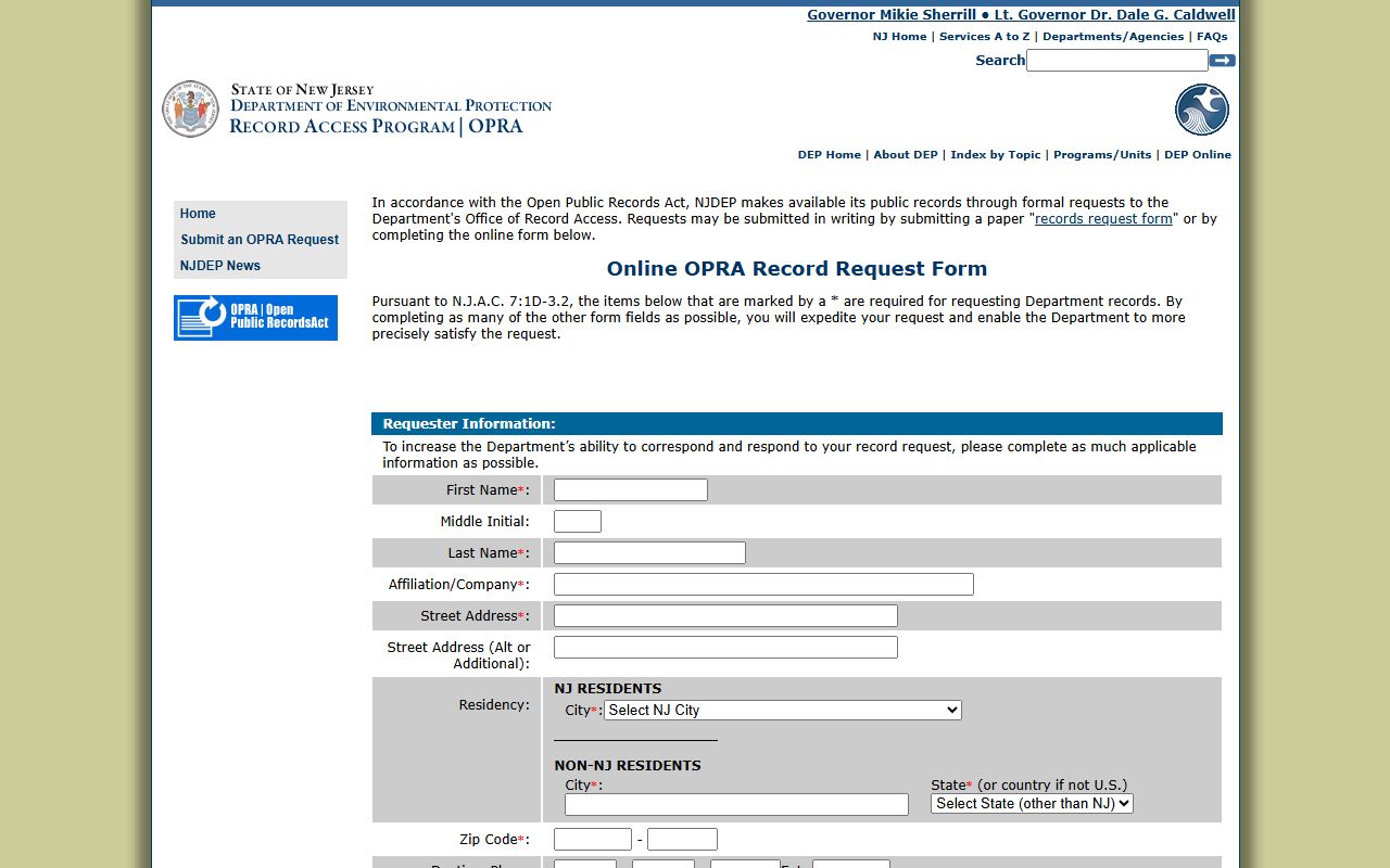 New Jersey DEP OPRA form for phone directory records