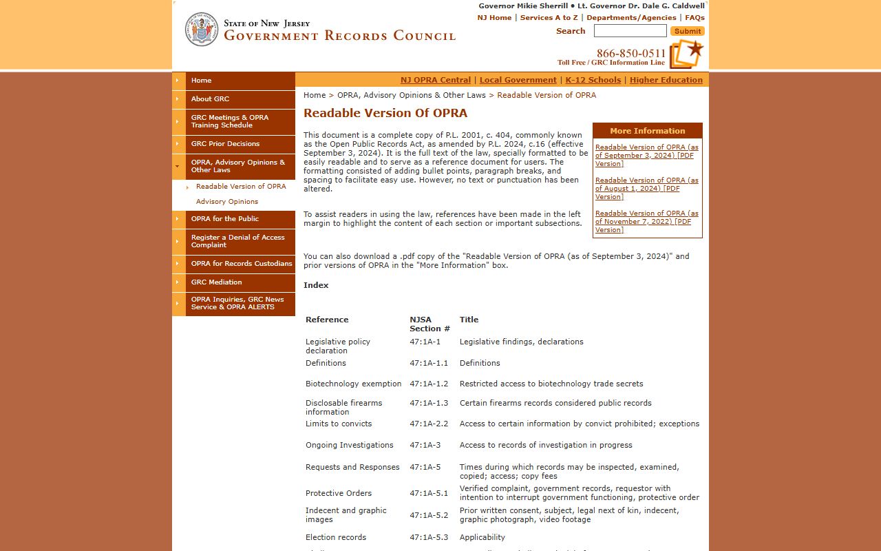 New Jersey OPRA laws page for phone directory records