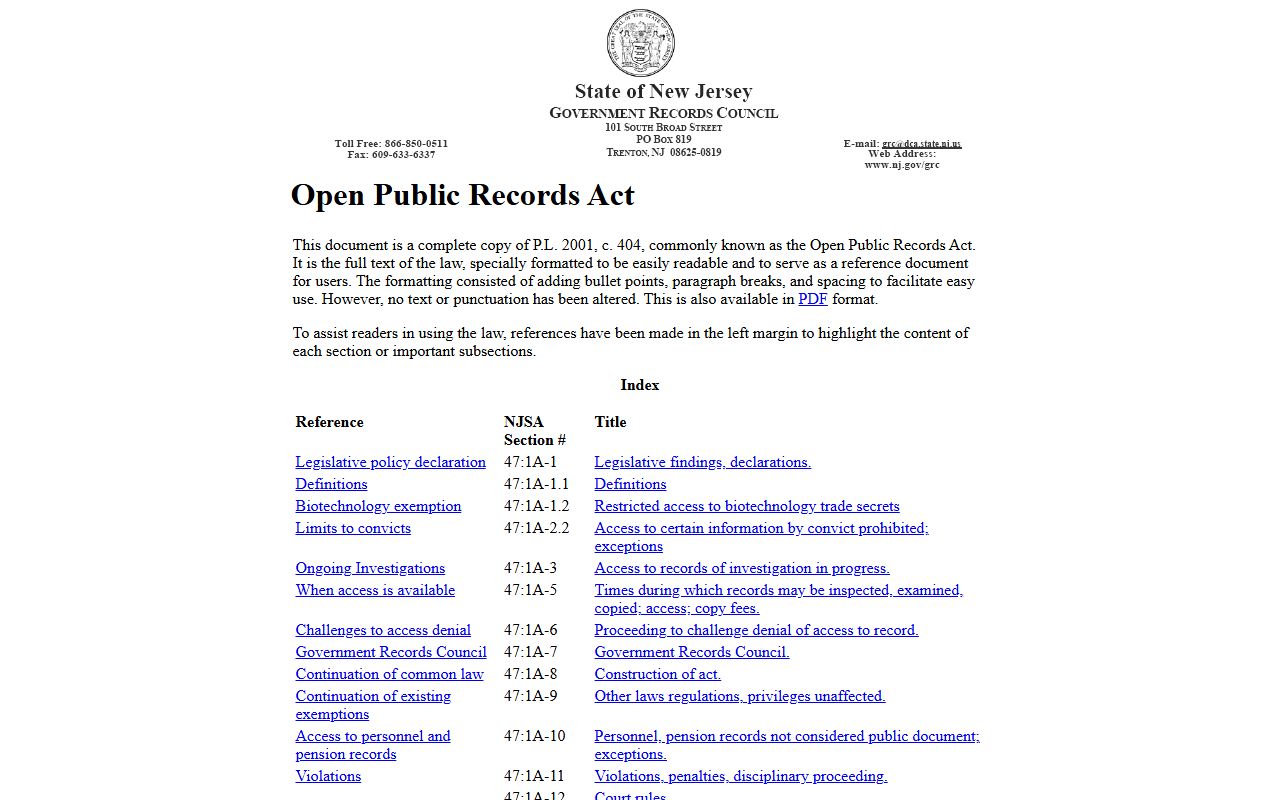 New Jersey OPRA statute for phone directory access